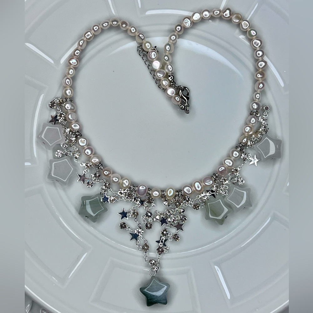 Handmade High Luster Freshwater Pearl Ombre JADE  ⭐️ Gemstone Crystal Necklace